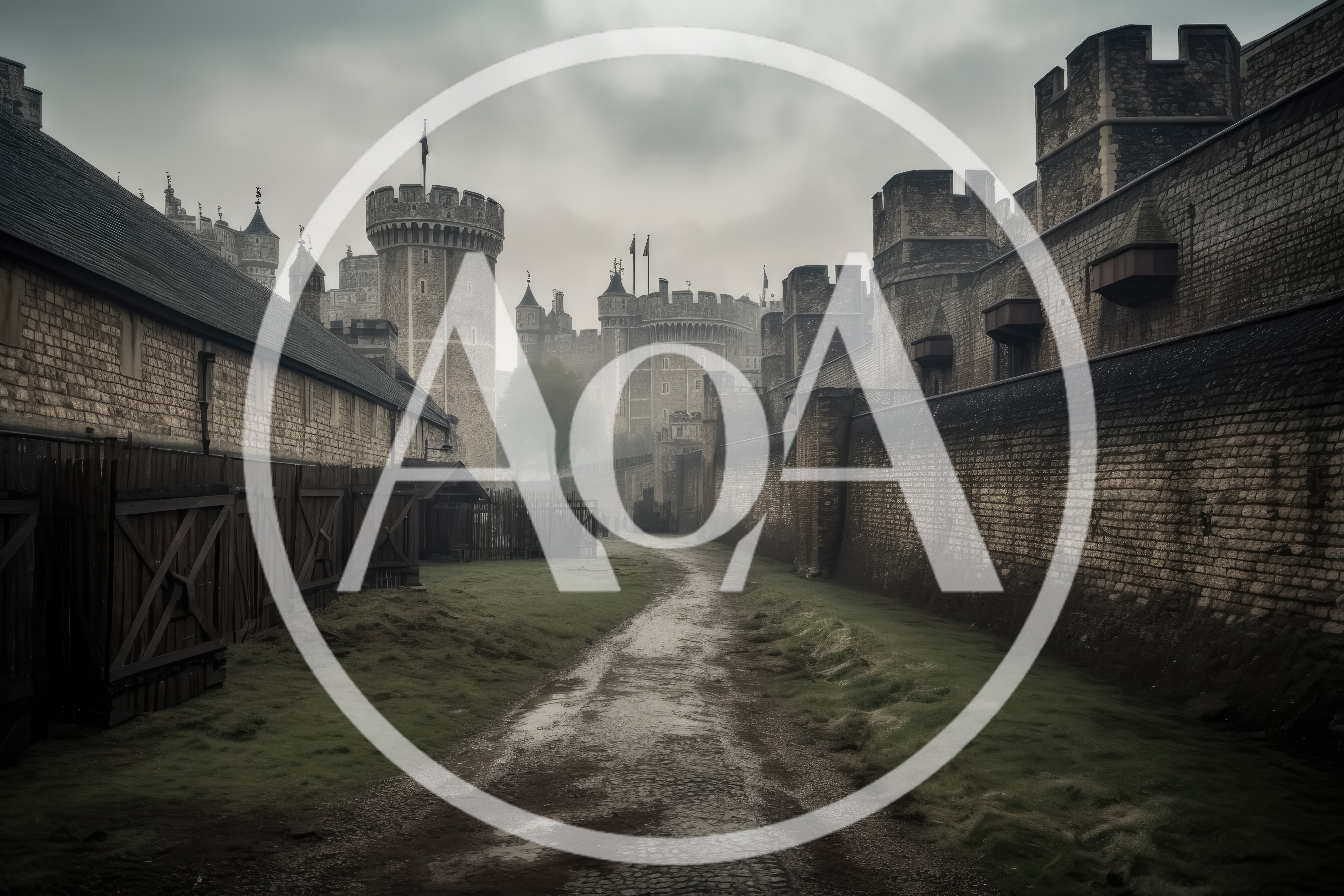Medieval Stone Castle Courtyard Under Overcast Sky