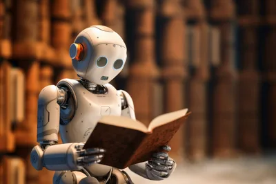 White Humanoid Robot Reading An Old Book