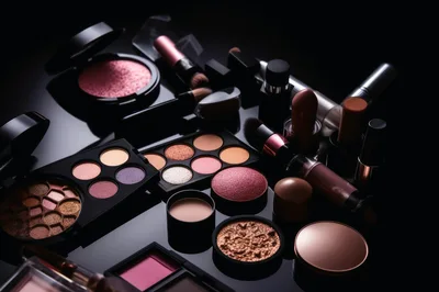 Assorted Makeup Products Arranged On A Dark Reflective Surface