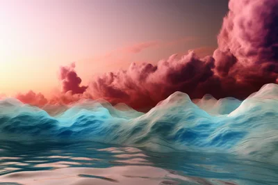 Abstract Surreal Landscape With Glowing Blue Waves And Clouds