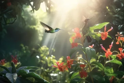 Two Hummingbirds Hovering Near Vibrant Red Tropical Flowers