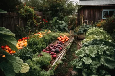 Abundant Vegetable Garden With Harvested Pumpkins And Produce