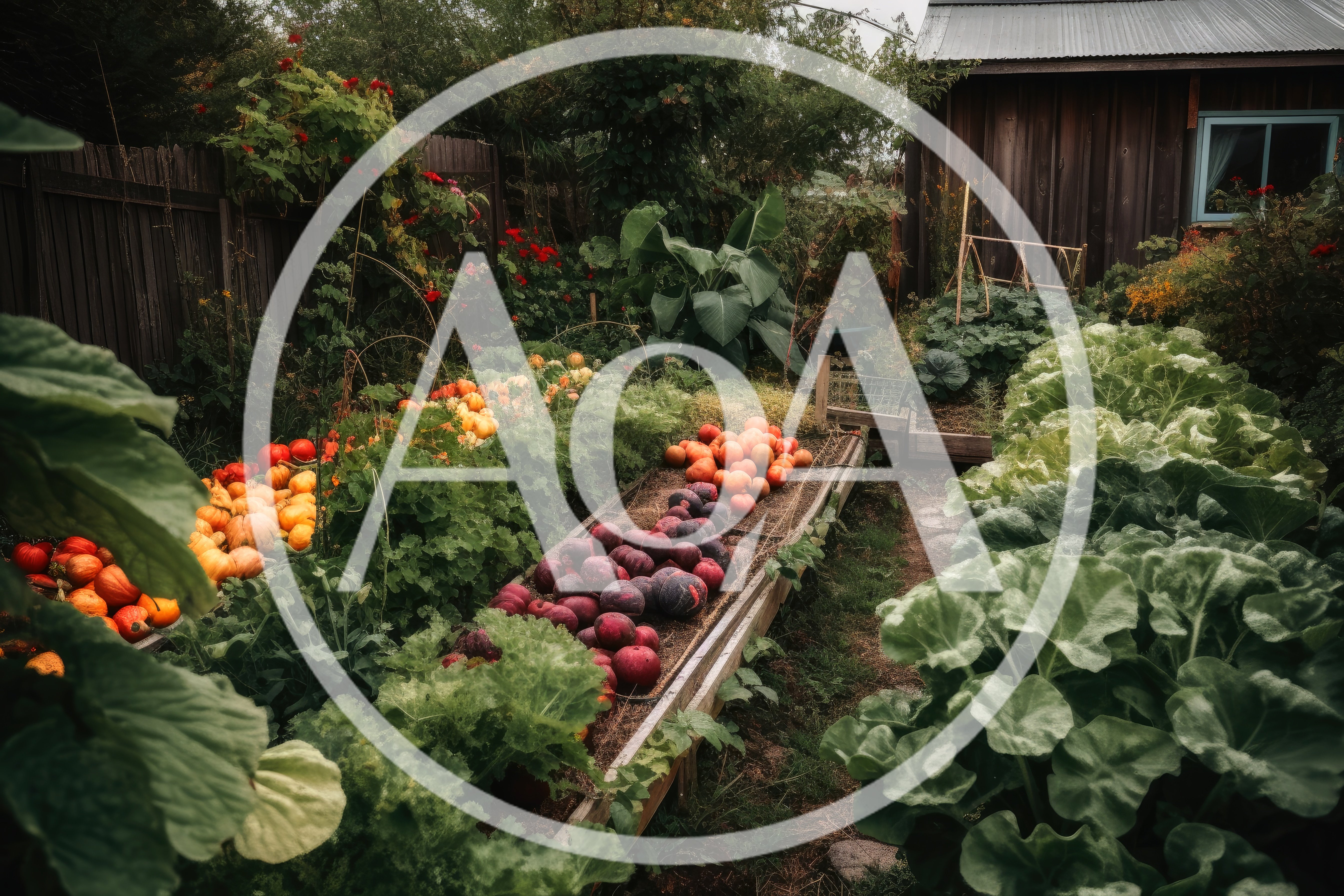 Abundant Vegetable Garden With Harvested Pumpkins And Produce