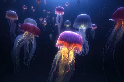 Bioluminescent Jellyfish Swarm Floating In Deep Ocean