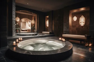 Luxury Spa Interior With Circular Hot Tub And Candles