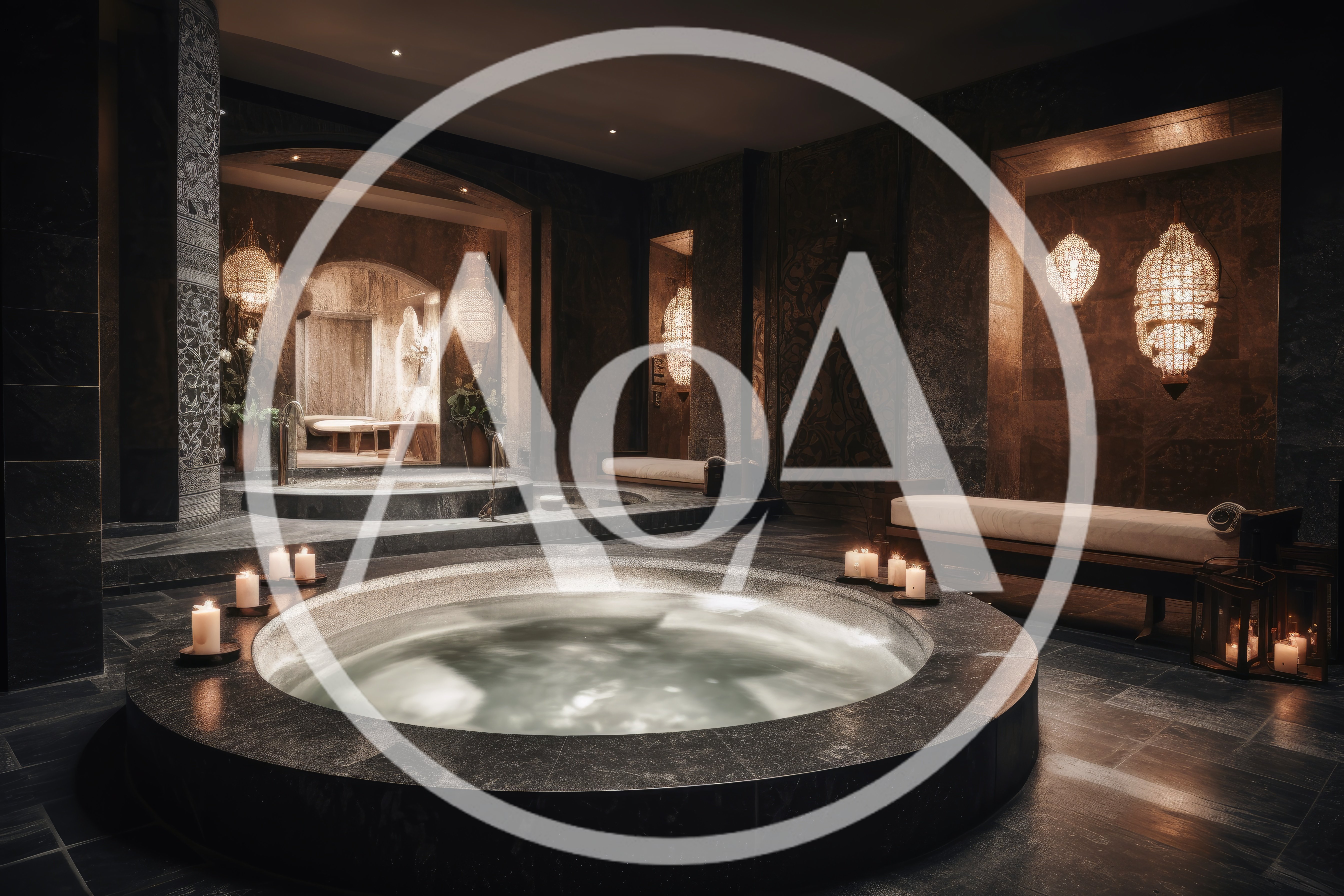 Luxury Spa Interior With Circular Hot Tub And Candles