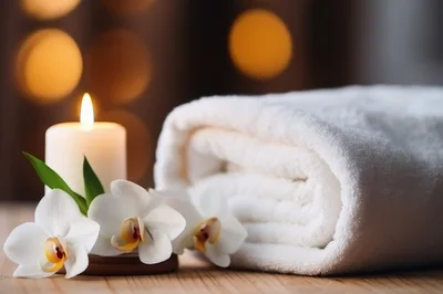 Spa Relaxation Setting With Candle And White Orchids