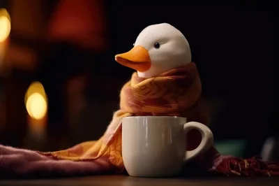 Cute Knitted Duck Toy Wearing A Scarf With Coffee Mug