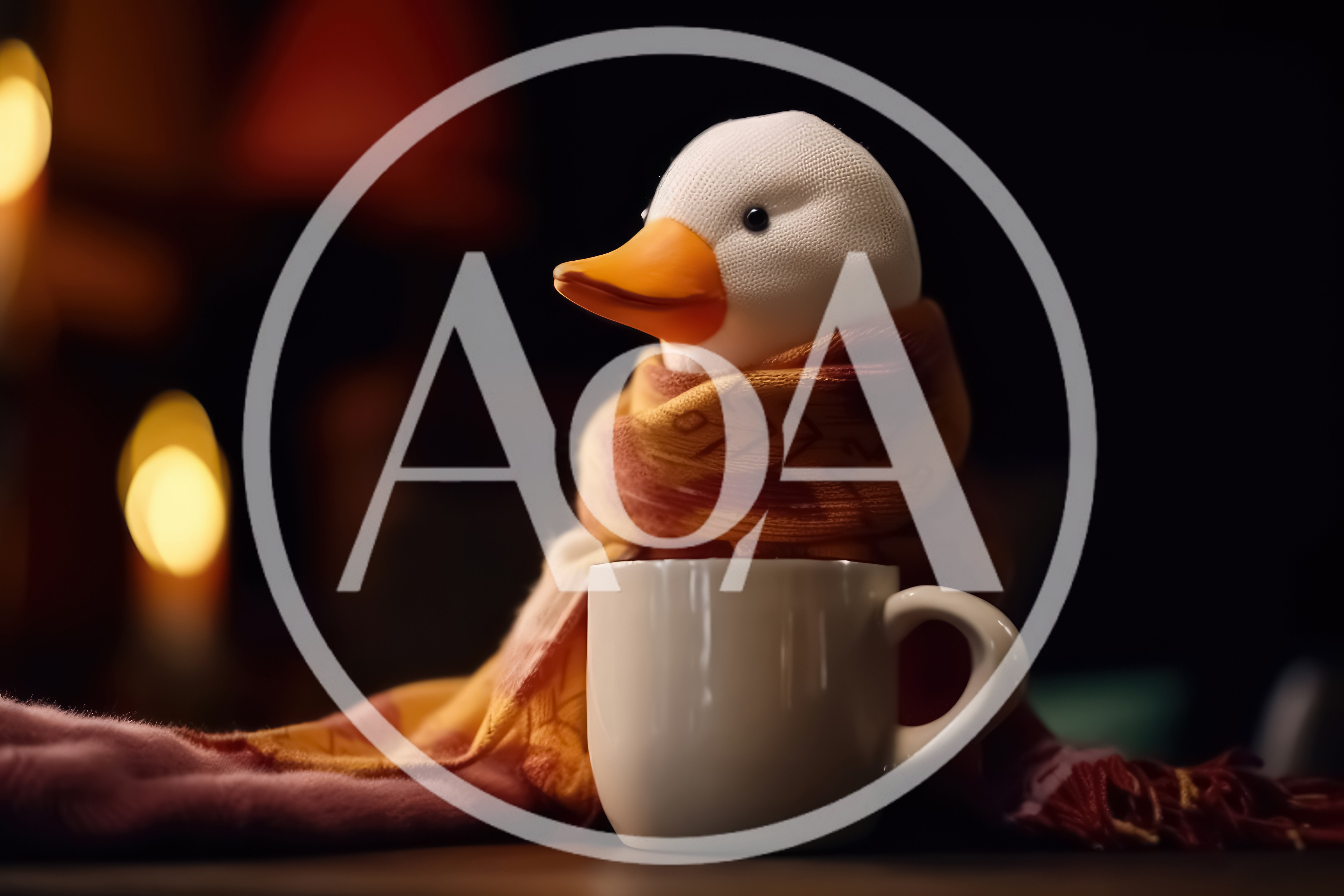 Cute Knitted Duck Toy Wearing A Scarf With Coffee Mug