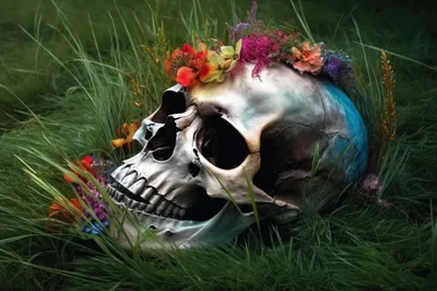 Human Skull Decorated With Colorful Flowers In Green Grass