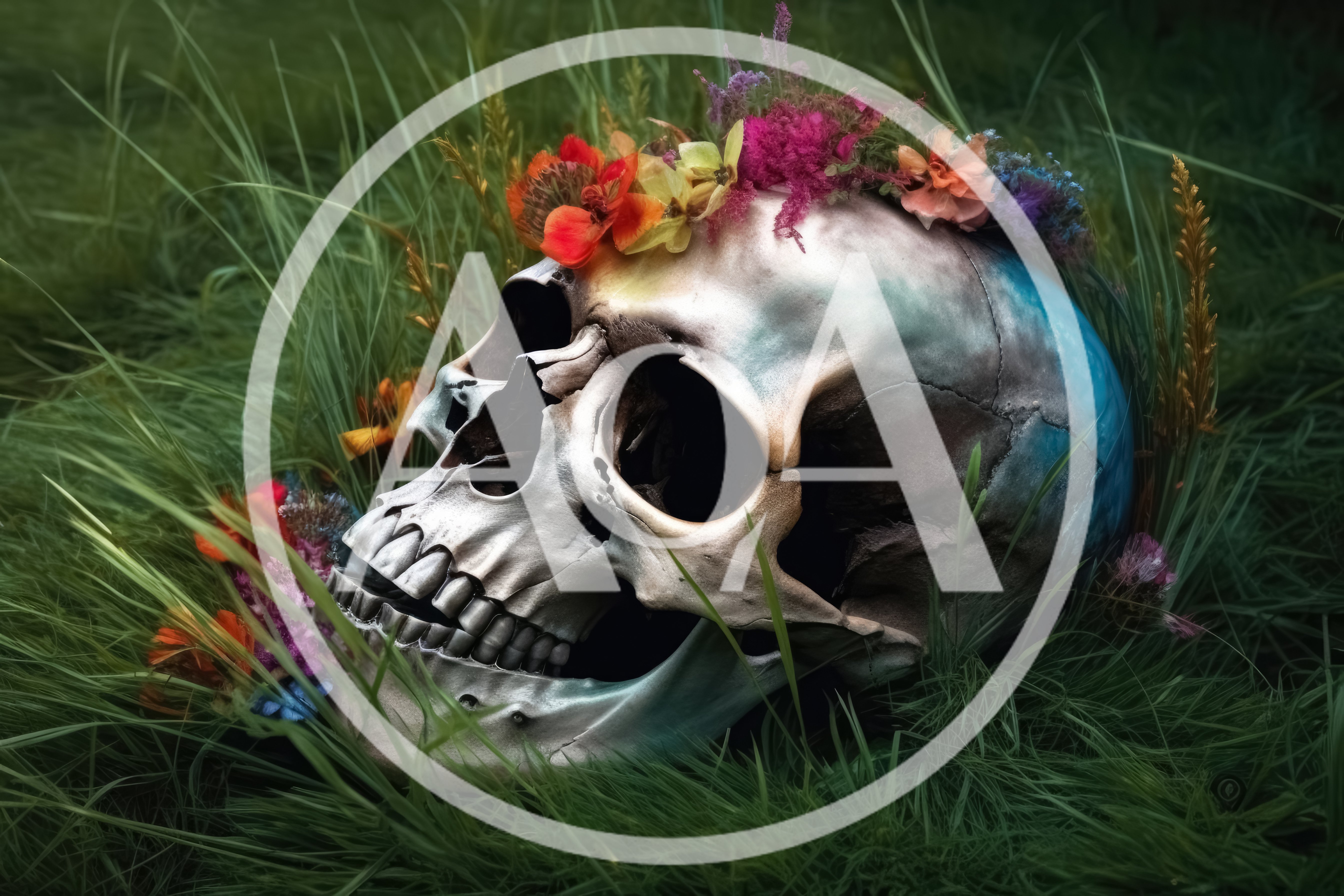 Human Skull Decorated With Colorful Flowers In Green Grass
