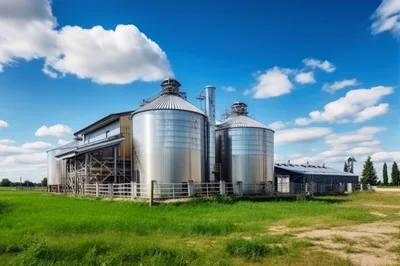 Agricultural Grain Silos On A Rural Farm