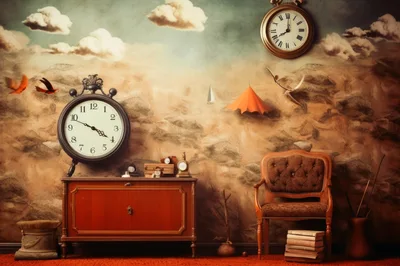 Surreal Interior With Floating Clocks And Dreamlike Landscape