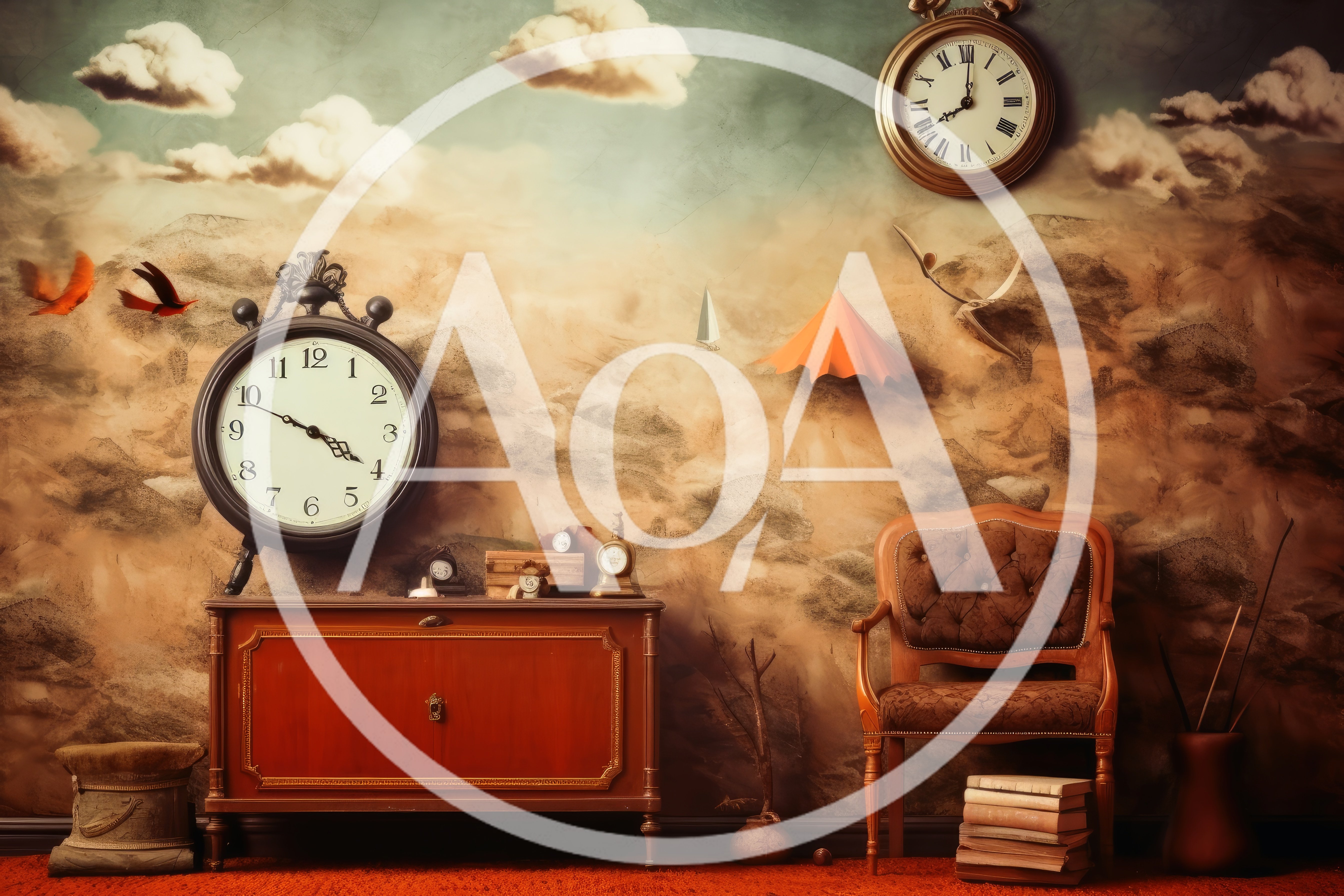 Surreal Interior With Floating Clocks And Dreamlike Landscape
