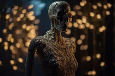 Ornate Skeleton Mannequin With Intricate Metallic Lace Detailing