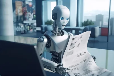 Humanoid Robot Reading Newspaper In Modern Office