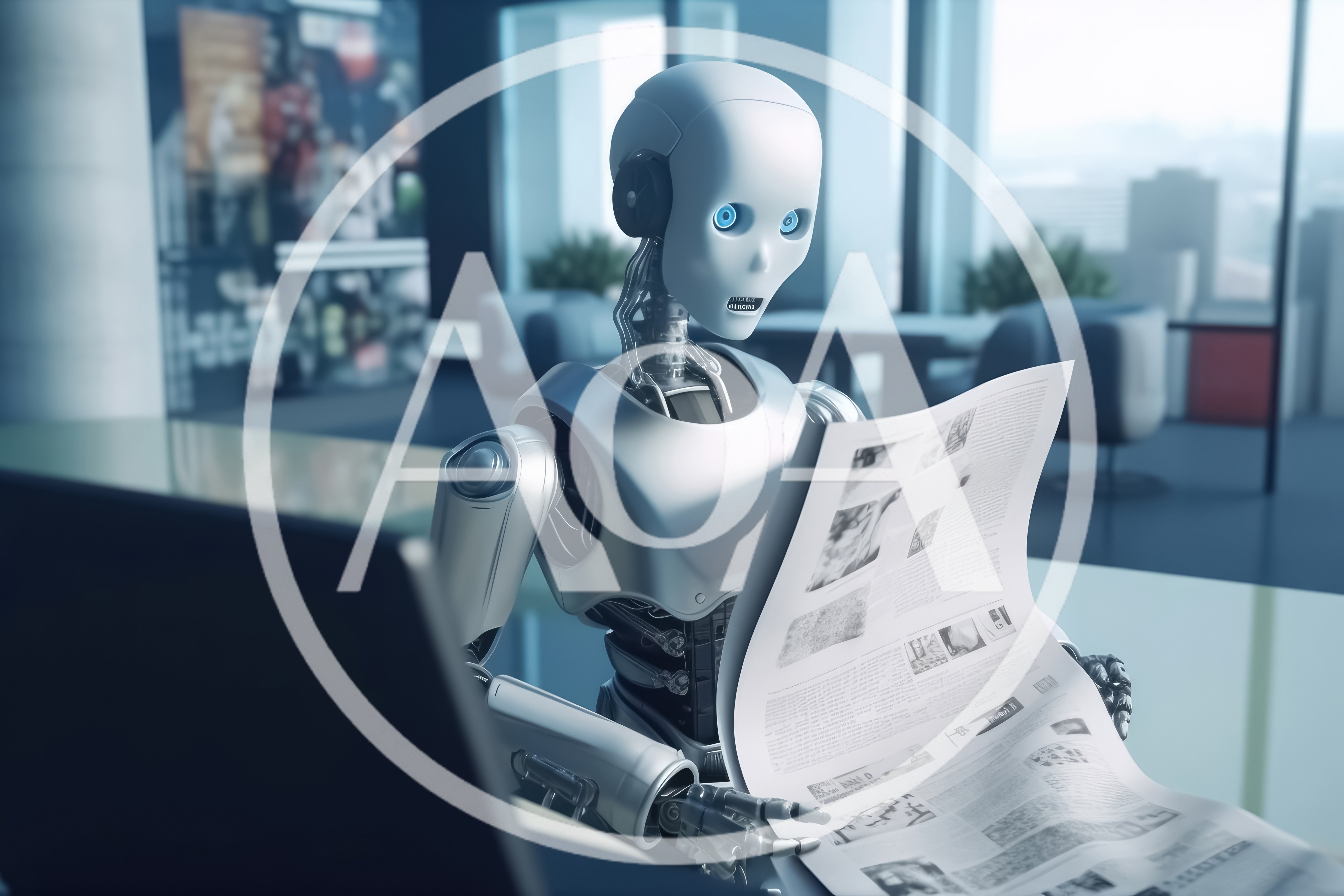 Humanoid Robot Reading Newspaper In Modern Office