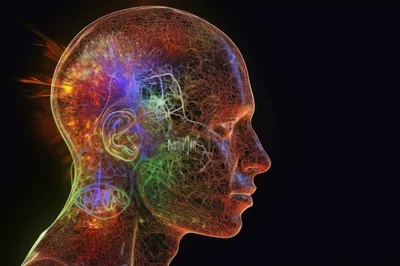 Digital Wireframe Human Head With Neural Network Visualization