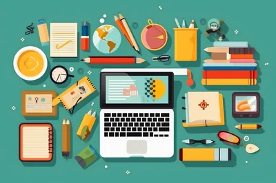 Flat Lay Workspace With Laptop And Office Supplies