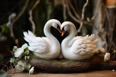 Two White Swan Figurines Forming A Heart Shape
