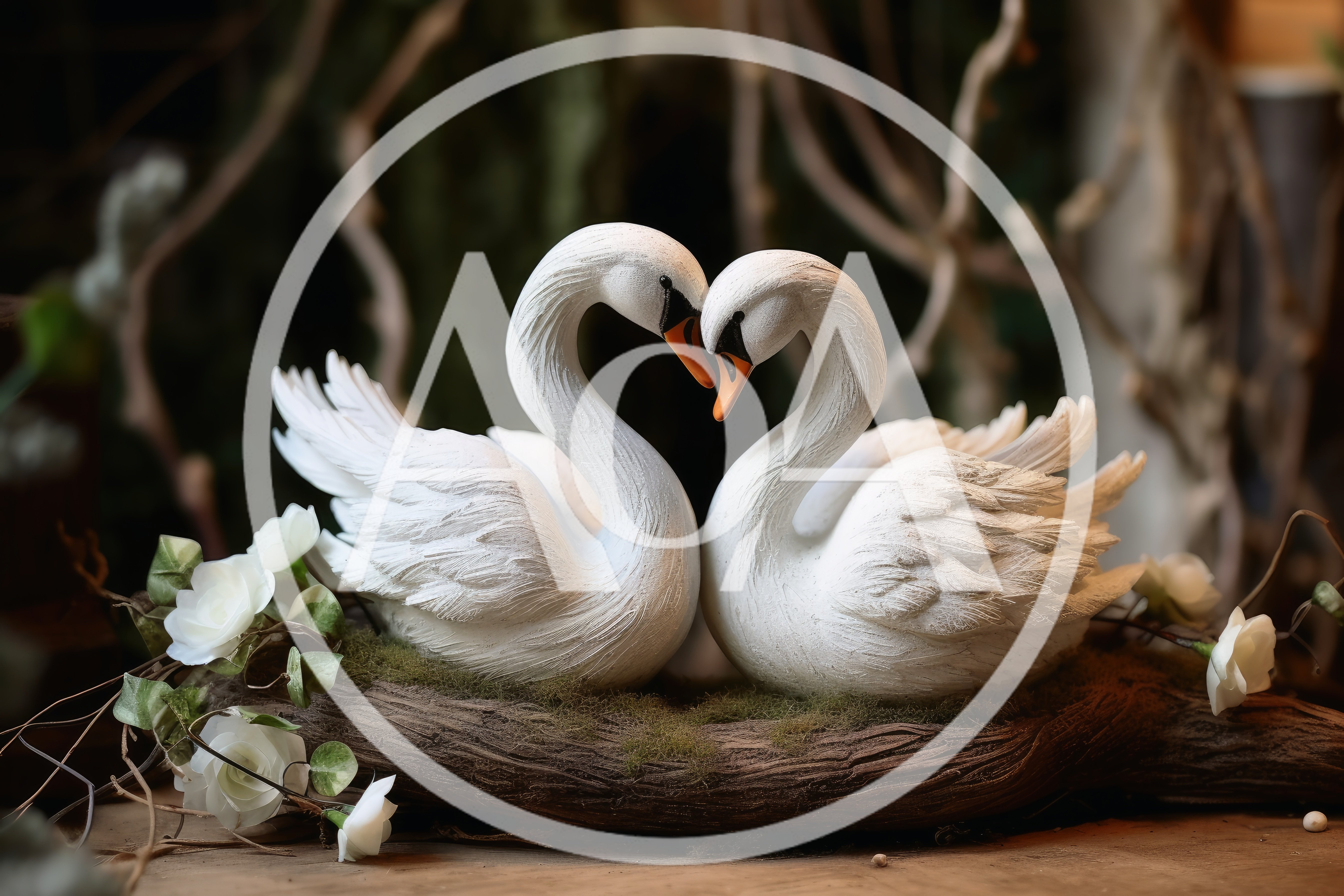 Two White Swan Figurines Forming A Heart Shape