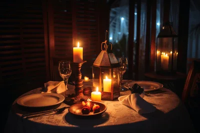 Romantic Candlelit Dinner Table Setting At Night