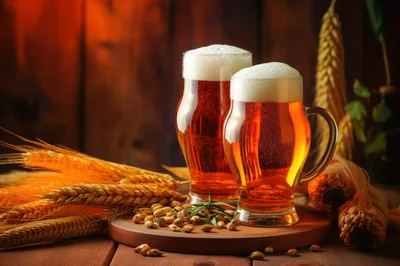 Two Glasses Of Amber Beer With Wheat Stalks