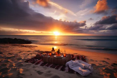Romantic Beach Picnic Setup At Sunset