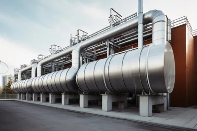 Industrial Facility With Large Metallic Piping And Storage Tanks