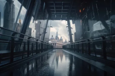 Modern Glass Pedestrian Bridge Overlooking Historic Cityscape