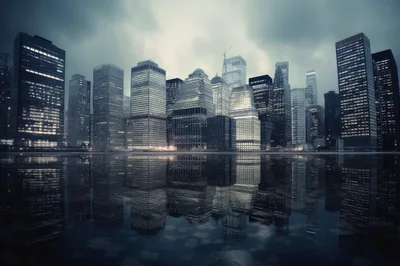 Modern City Skyline With Dramatic Water Reflection