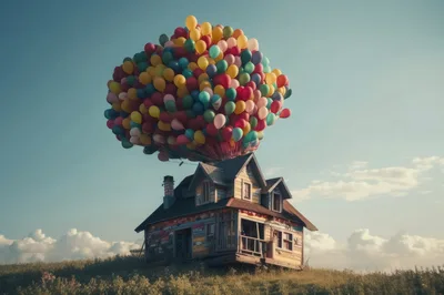 Whimsical House Floating With Colorful Balloons