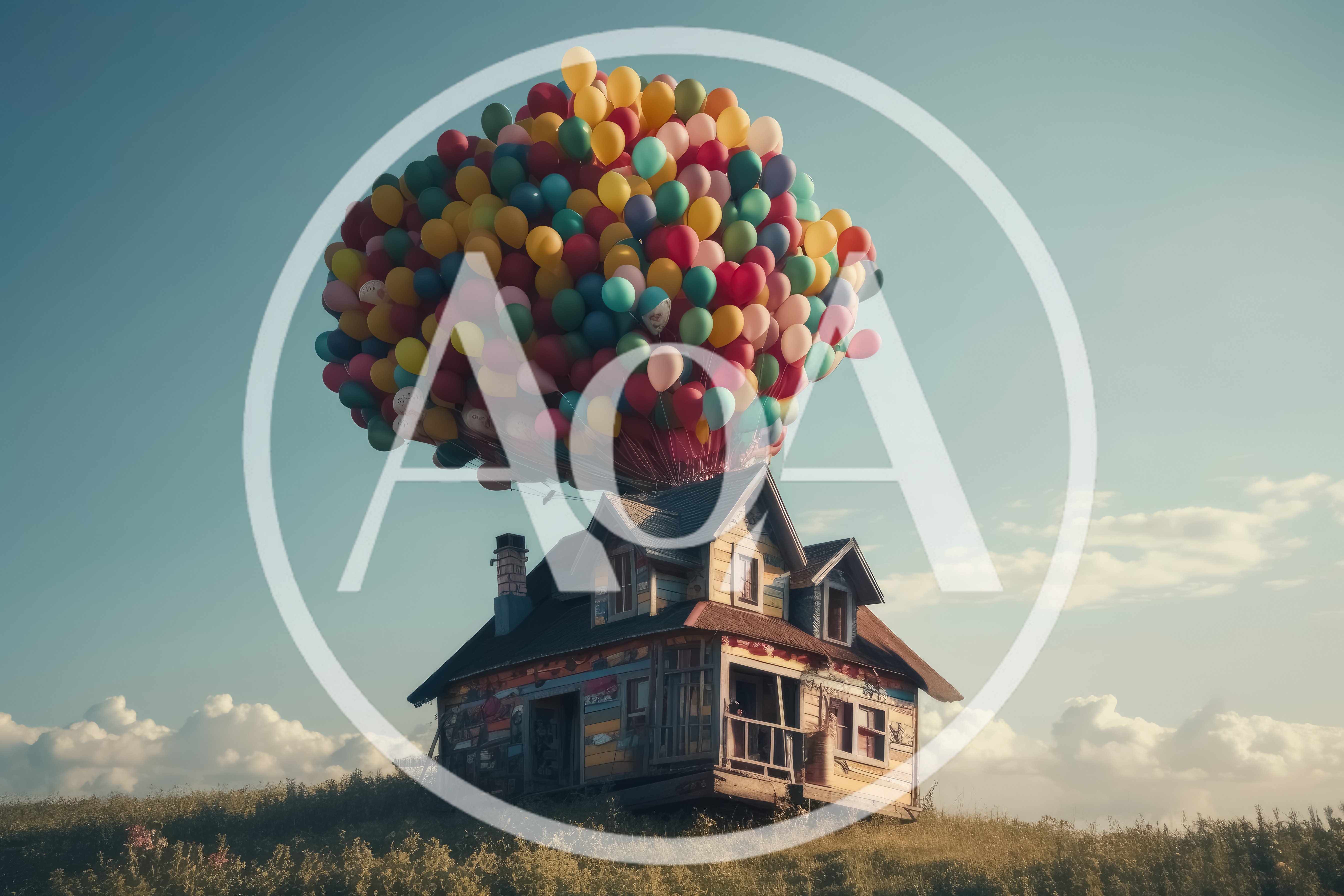 Whimsical House Floating With Colorful Balloons