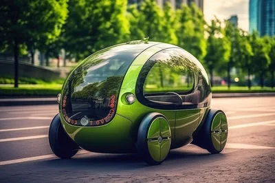 Futuristic Green Autonomous Pod Vehicle On City Street