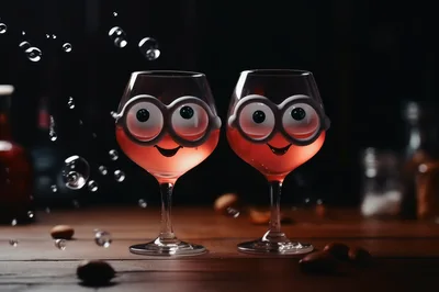 Two Wine Glasses With Googly Eyes And Smiles