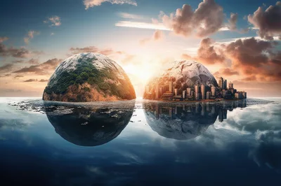 Surreal Split World With Nature And Urban Cityscape