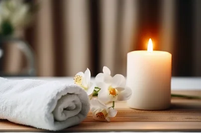 Spa Setting With White Candle And Orchid Flowers