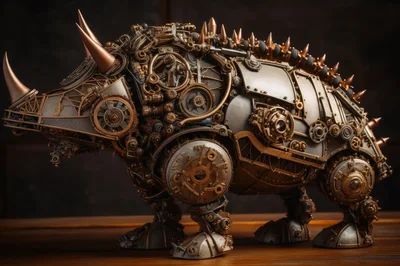 Steampunk Mechanical Rhinoceros Sculpture On Wooden Surface