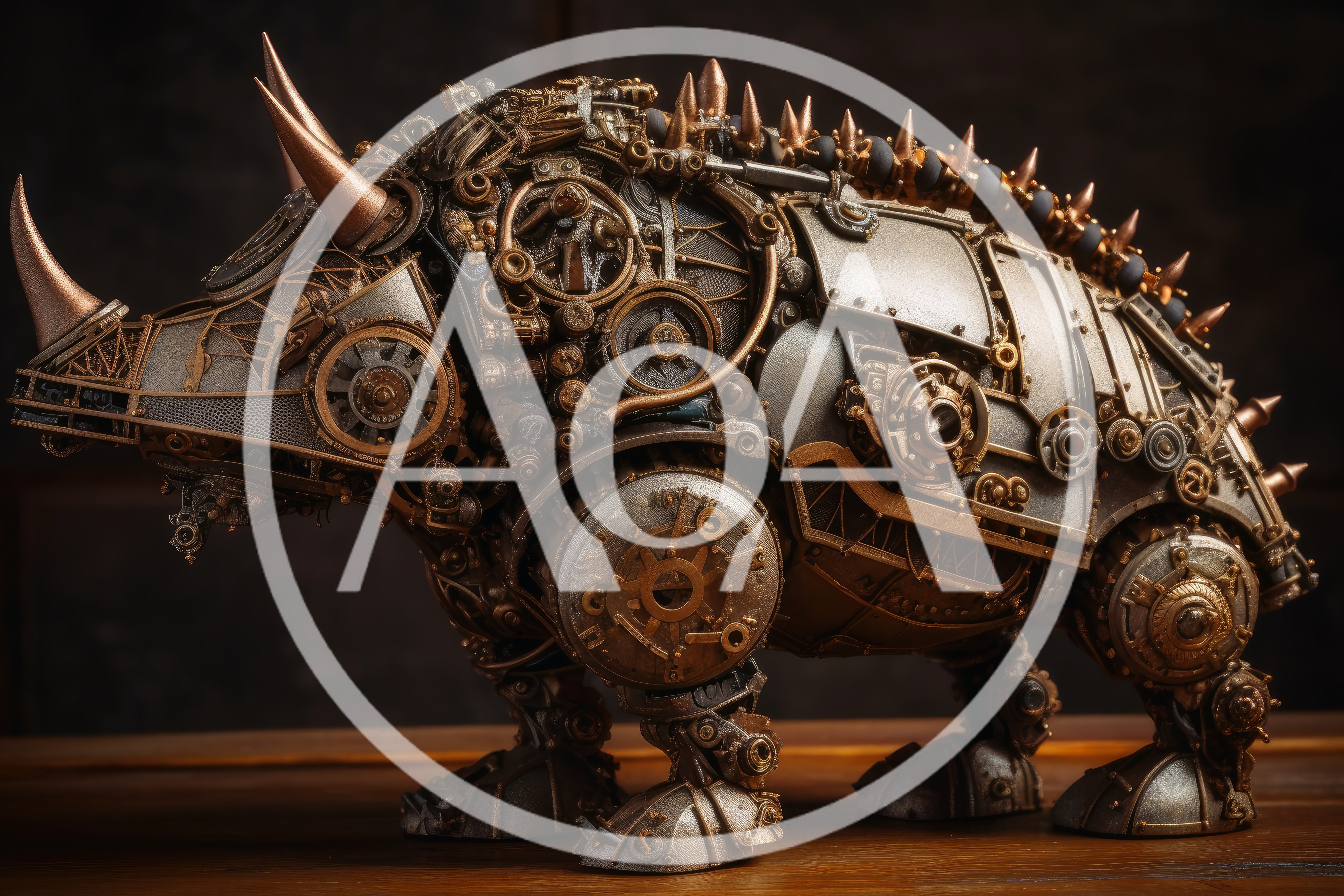 Steampunk Mechanical Rhinoceros Sculpture On Wooden Surface