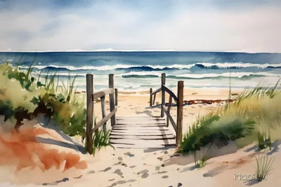 Watercolor Painting Of A Wooden Beach Boardwalk