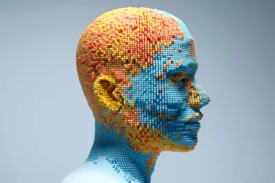 Digital Human Head Constructed From Colorful 3D Cubes