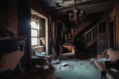 Abandoned Dilapidated Victorian Living Room Interior