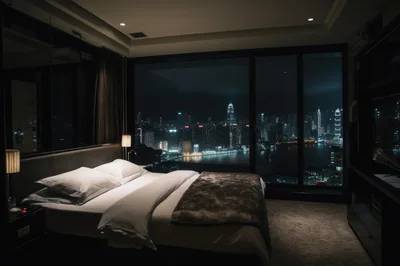 Modern Luxury Hotel Bedroom With Panoramic City Skyline View