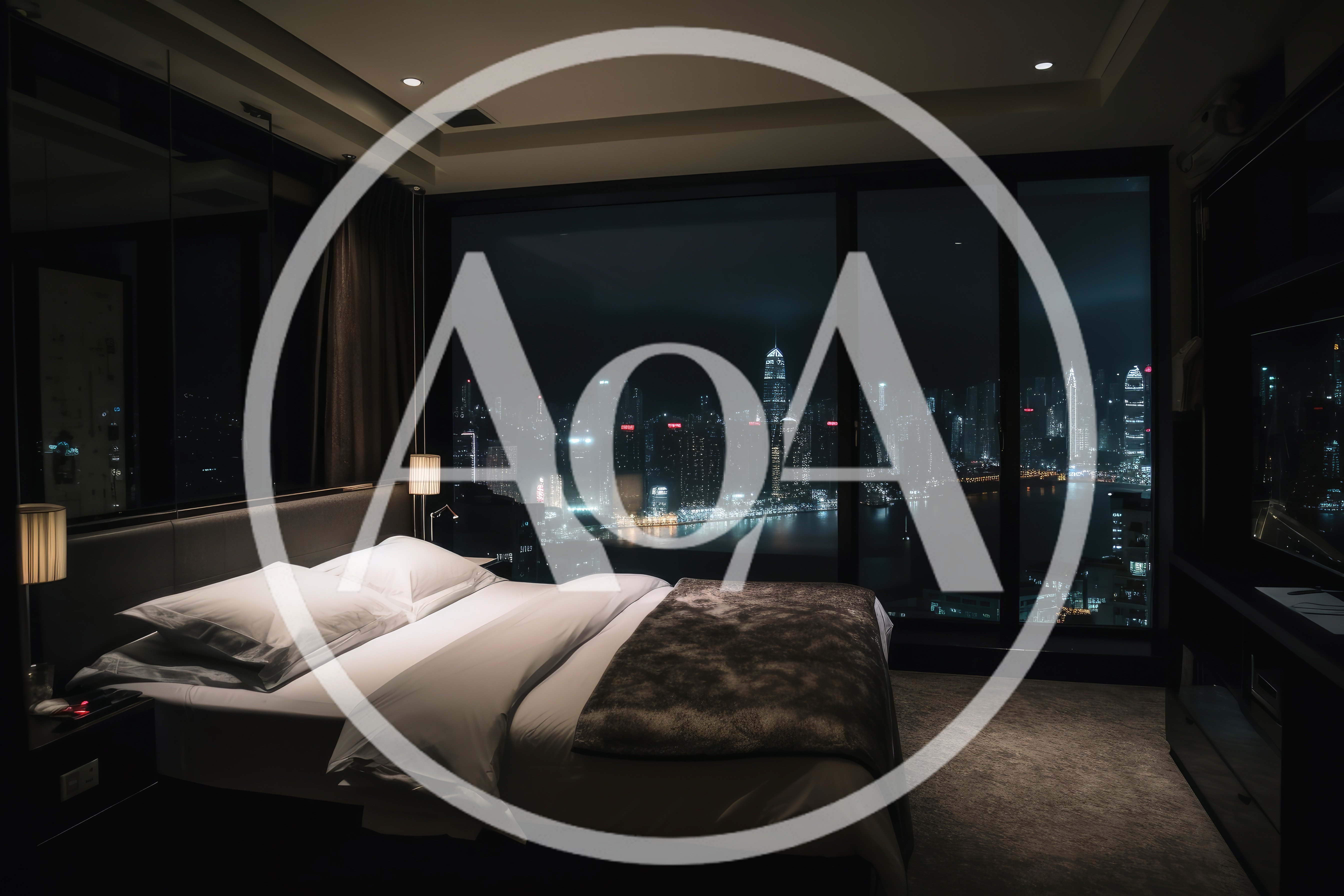 Modern Luxury Hotel Bedroom With Panoramic City Skyline View