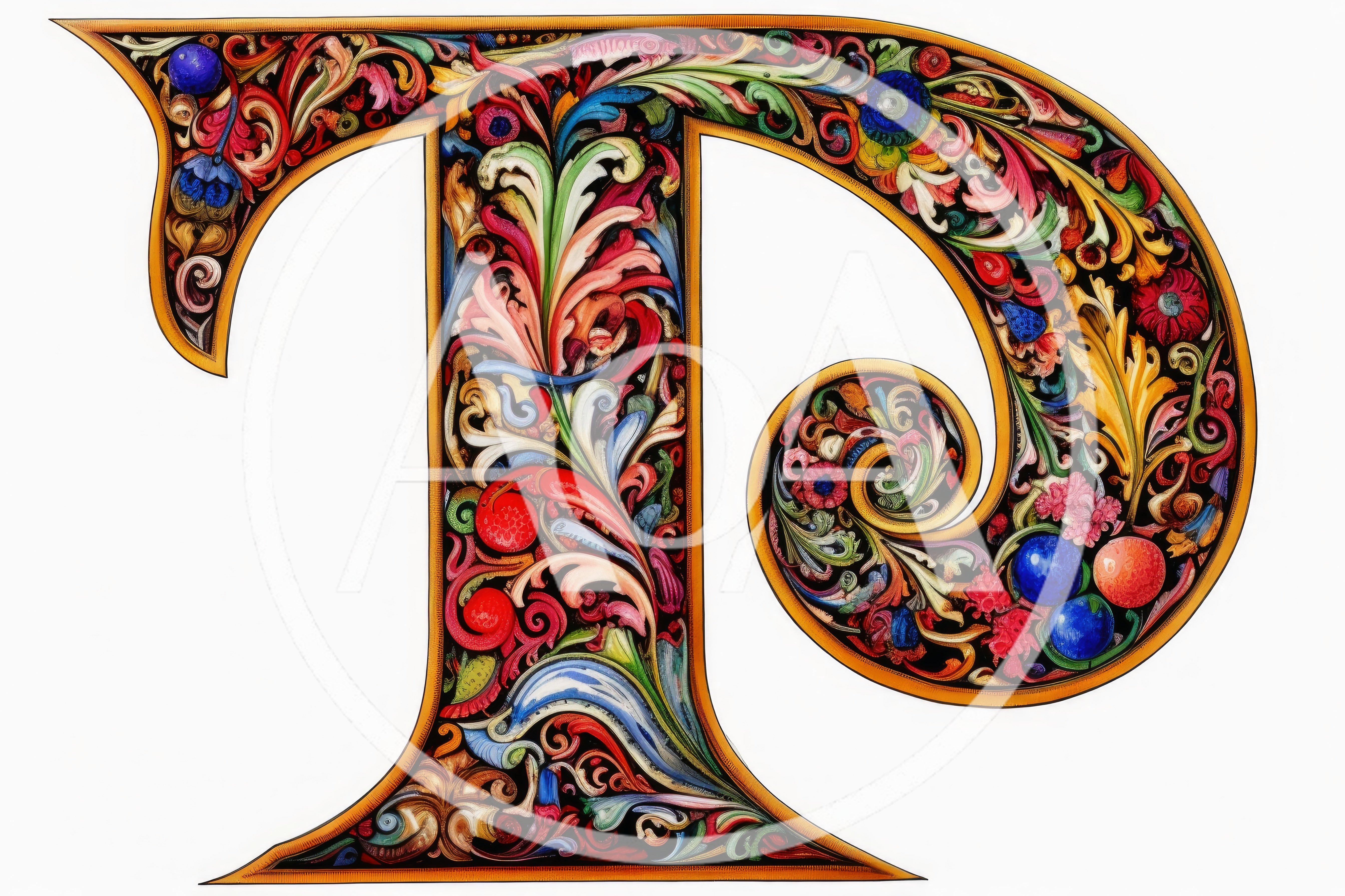 Ornate Illuminated Letter P With Floral Renaissance Style