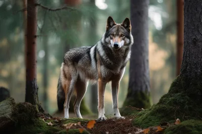 Majestic Gray Wolf Standing In A Misty Forest