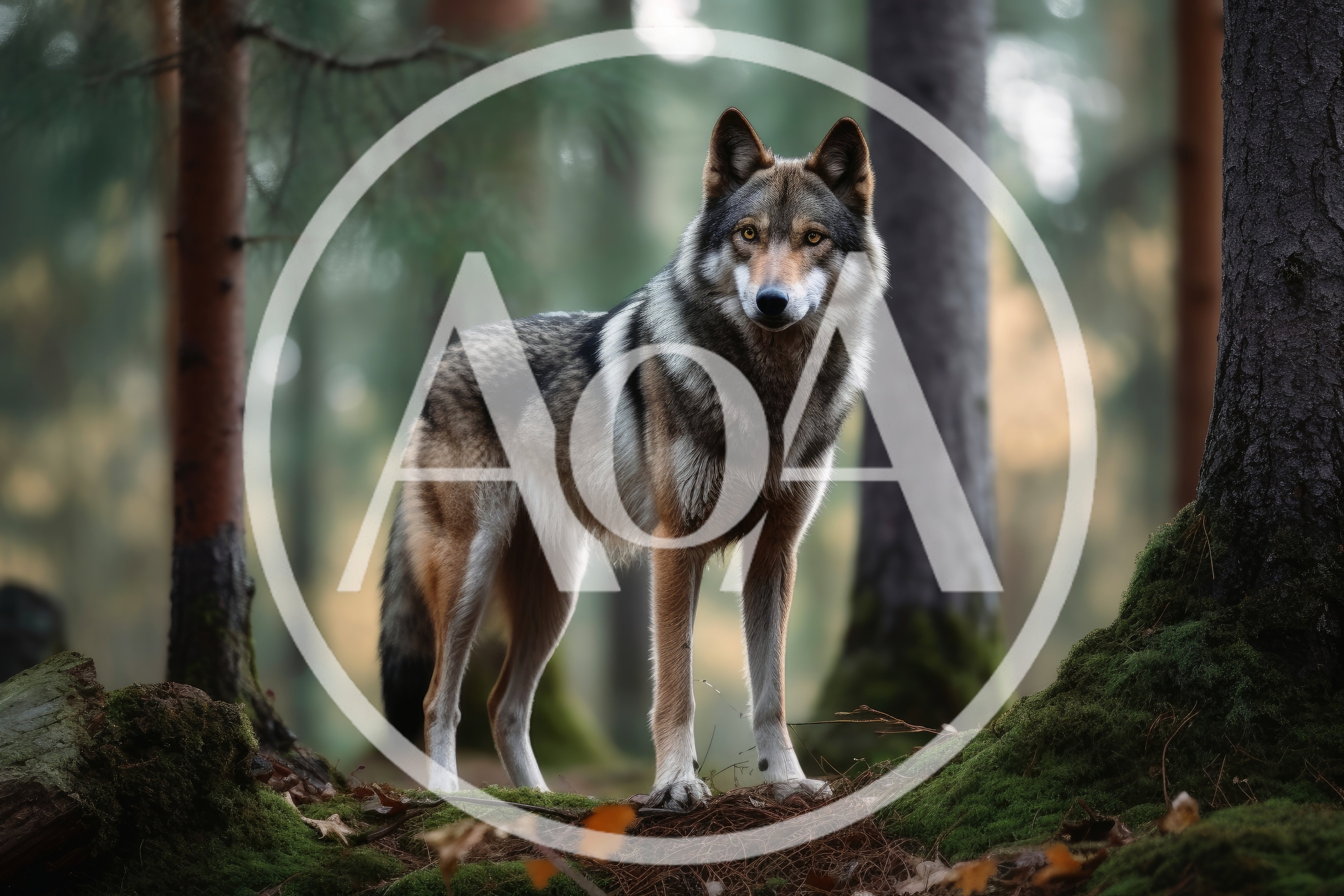 Majestic Gray Wolf Standing In A Misty Forest