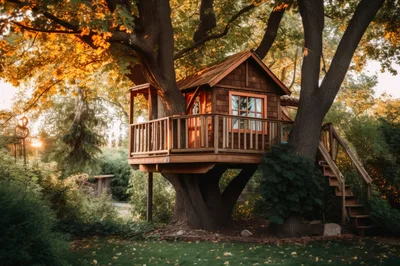 Cozy Wooden Treehouse Nestled In A Lush Garden