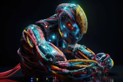Cybernetic Android With Exposed Colorful Fiber Optic Wiring