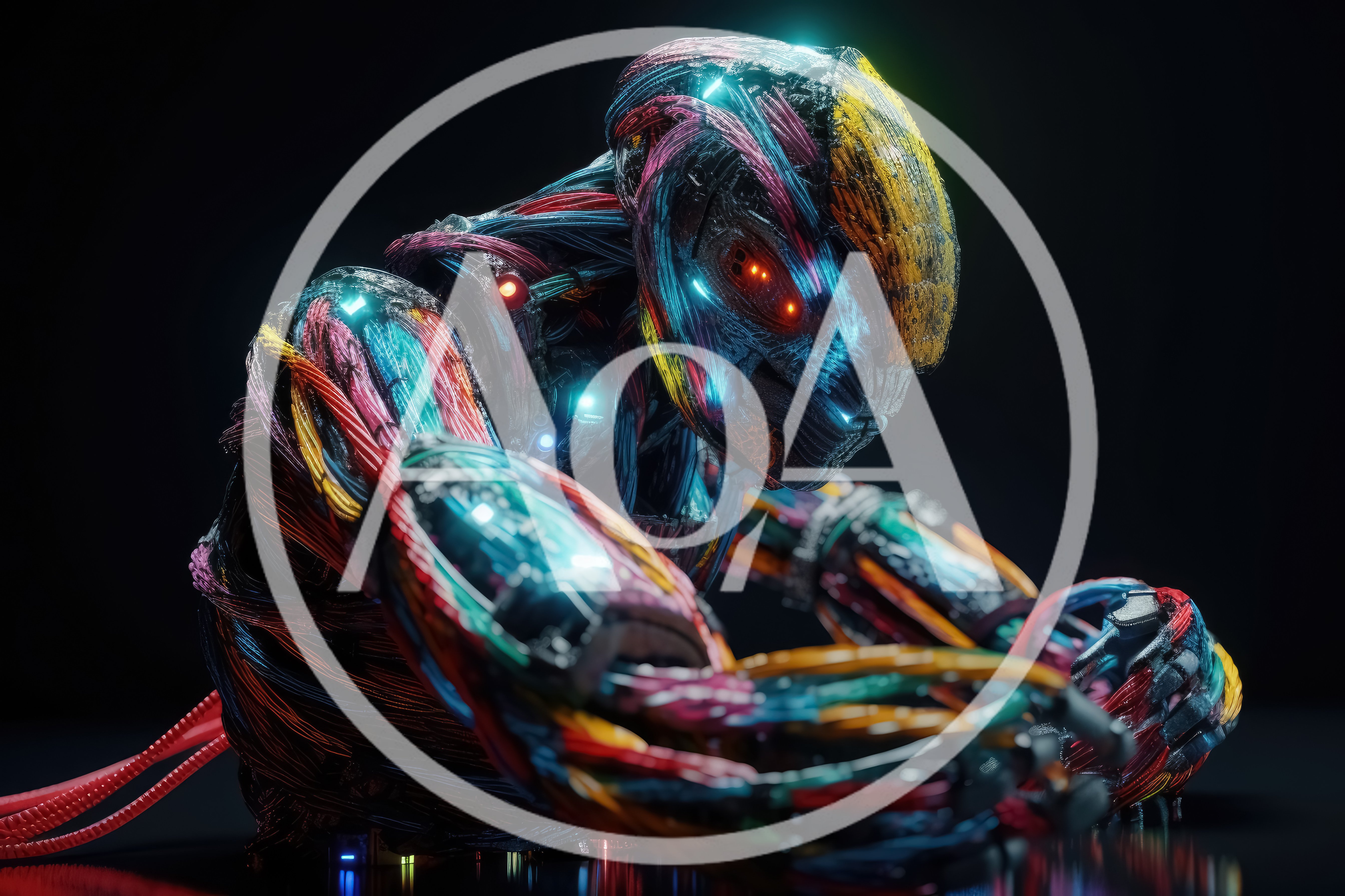 Cybernetic Android With Exposed Colorful Fiber Optic Wiring